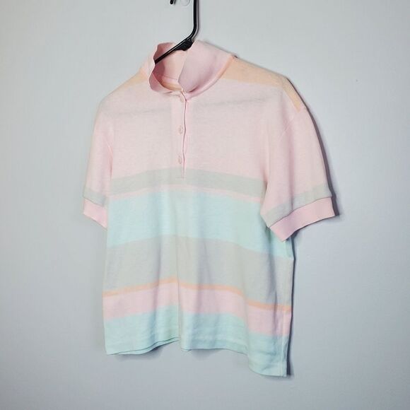Jantzen L Pastel Pink Blue Polo Shirt Colorblock Striped Easter Spring - Picture 1 of 9